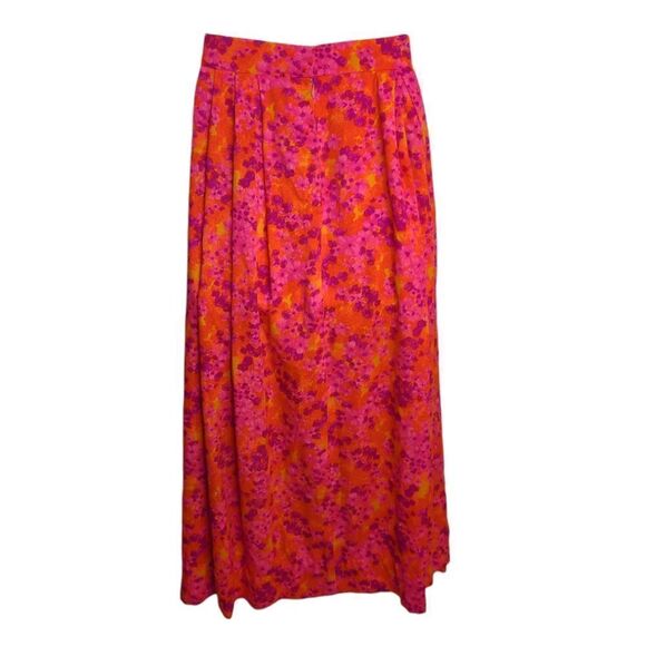 VINTAGE 70s handmade neon floral Hawaiian pleated‎ maxi skirt M - Picture 3 of 12